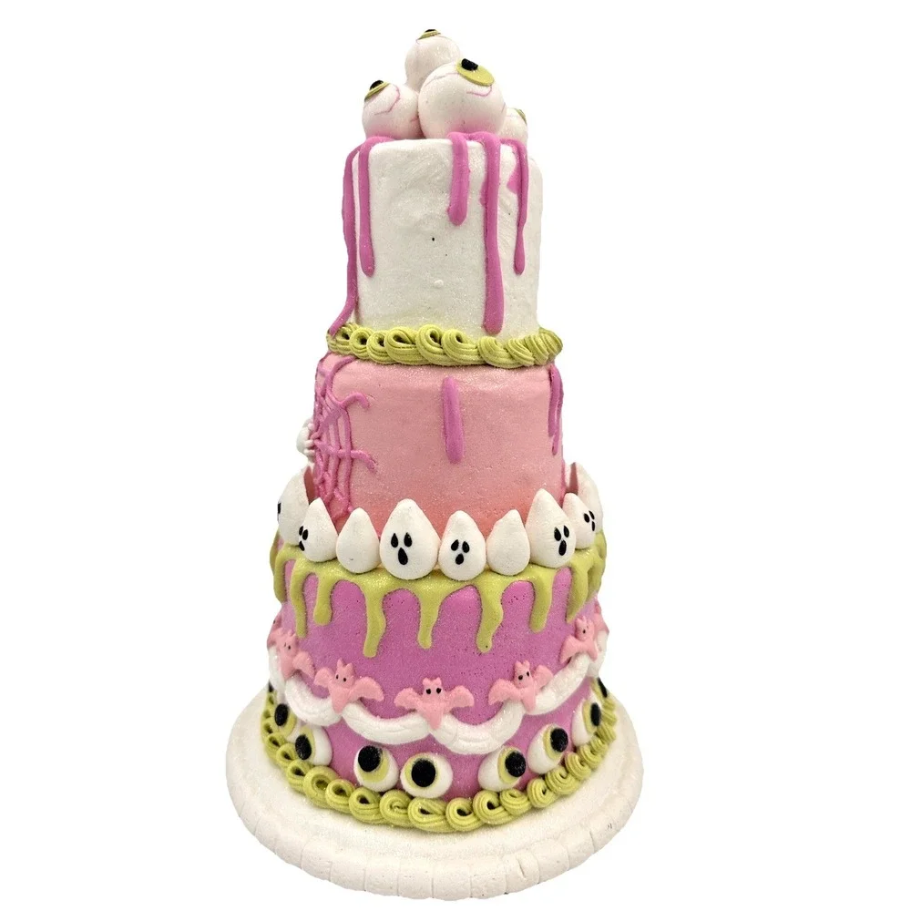 Ghoulish Halloween Faux Cake Pink Pastel 3 Tier Spooky LED Lights NWT